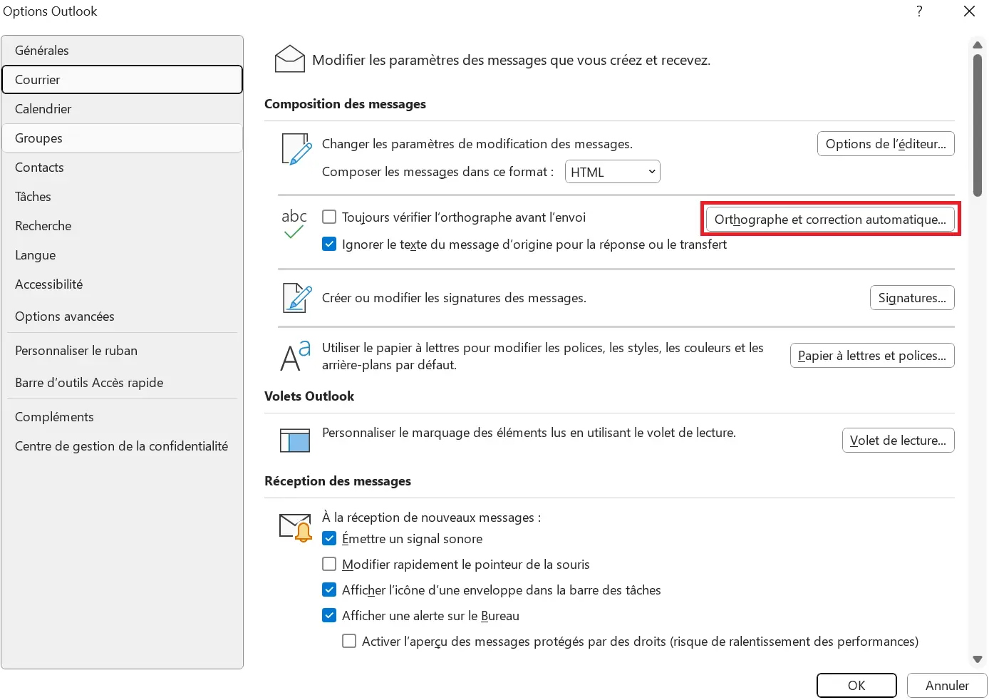 Image: Rubrique « Courrier » dans les options Outlook