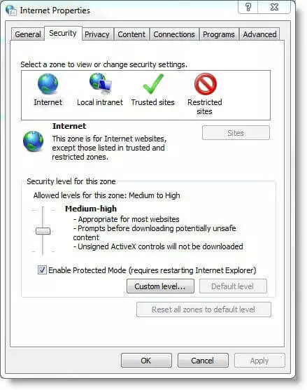 Image: Menu Windows « Propriété de : Internet » en anglais