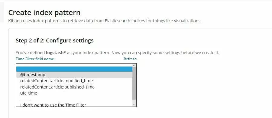 Image: Kibana : menu de configuration du filtre temporel pour le modèle logstash*
