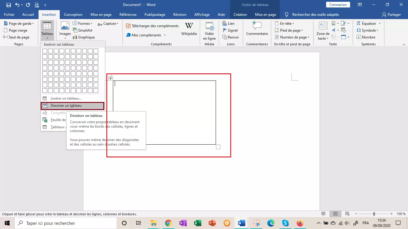 Image: Option « Dessiner un tableau dans Word »