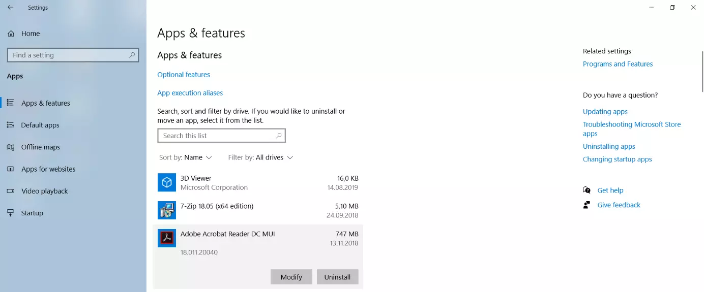 Image: Menu à partir duquel on peut désinstaller un programme dans les paramètres Windows