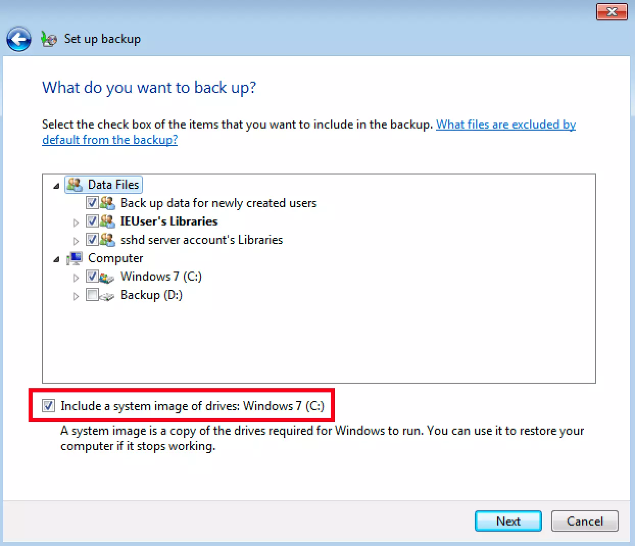 Image: Sélection manuelle des dossiers de backup dans Windows 7
