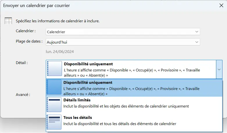 Image: Outlook : choix du niveau de détail dans la boîte de dialogue « Envoyer un calendrier par courrier »