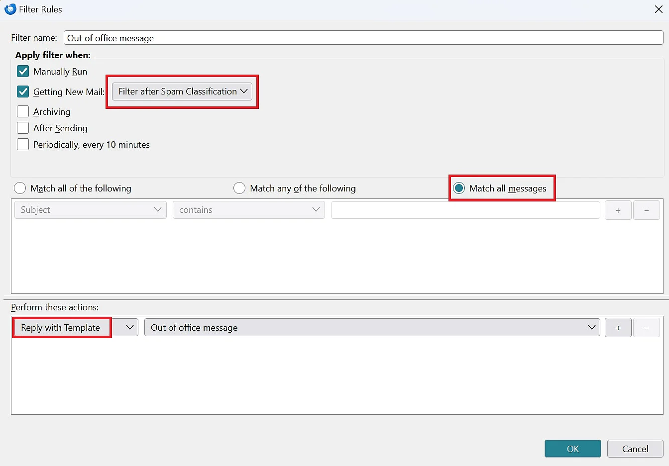 Image: Configurer un message d’absence Thunderbird : configurer le filtre