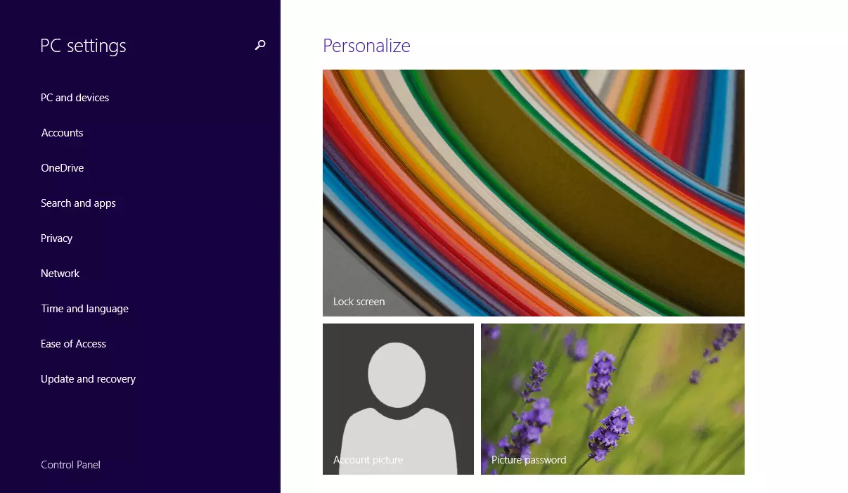 Image: Les paramètres sous Windows 8 (version anglaise)