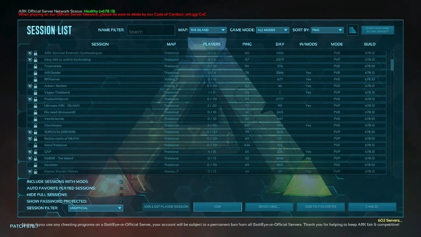 Image: Liste des serveurs « ARK: Survival Evolved »