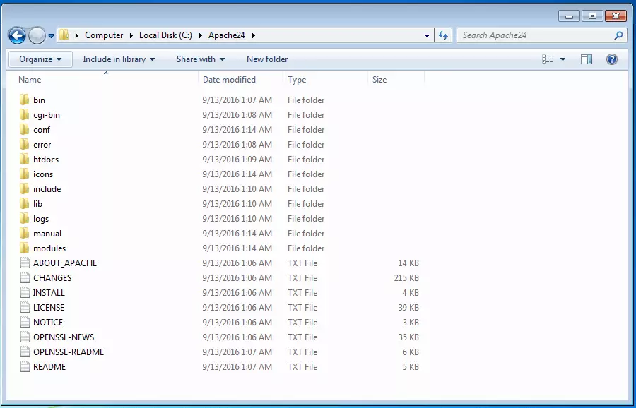 Image: Aperçu des fichiers du serveur Web local Apache dans le répertoire Apache24