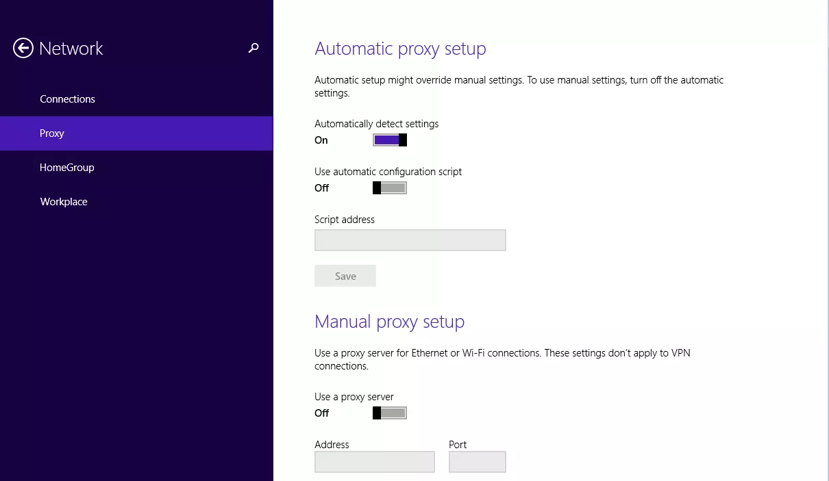 Image: L’onglet « Proxy » sous Windows 8