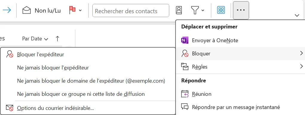 Image: Options de courrier indésirable dans le ruban simplifié d’Outlook
