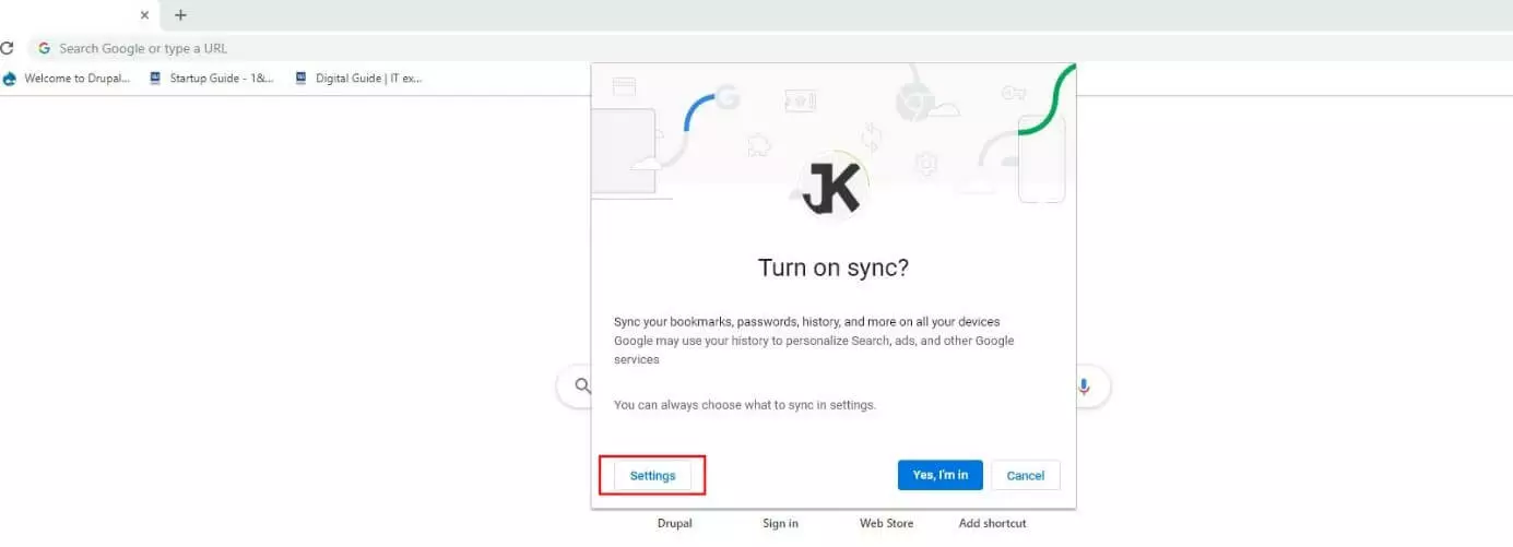 Image: Boîte de dialogue de connexion Chrome « Activer la synchronisation ? »