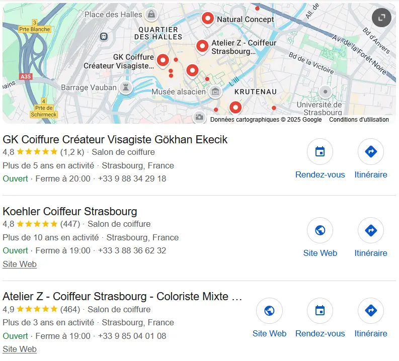 Résultat de recherche locale avec les termes « coiffeur Strasourg » Image: Résultat de recherche locale avec les termes « coiffeur Strasourg »
