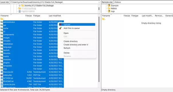 Image: Téléchargement des fichiers Joomla via le client FileZilla