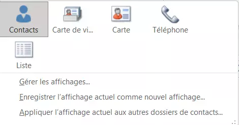 Les options d’affichage de la liste de contacts sous « Changer l’affichage » dans l’onglet « Accueil » Les options d’affichage de la liste de contacts sous « Changer l’affichage » dans l’onglet « Accueil »