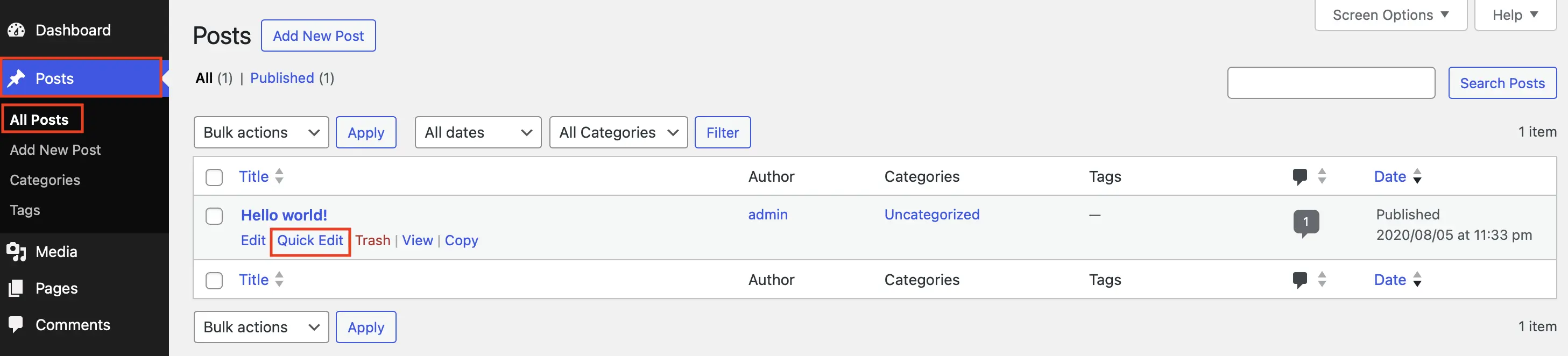 Image: Menu &laquo; Articles > Tous les articles &raquo; avec la fonction &laquo; Modification rapide &raquo;