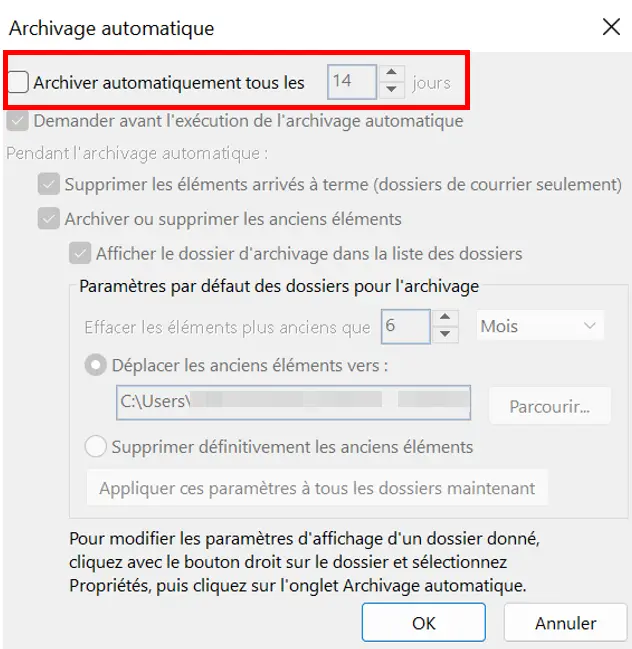 Microsoft Outlook : fenêtre de dialogue « Archivage automatique » Image: Microsoft Outlook : fenêtre de dialogue « Archivage automatique »