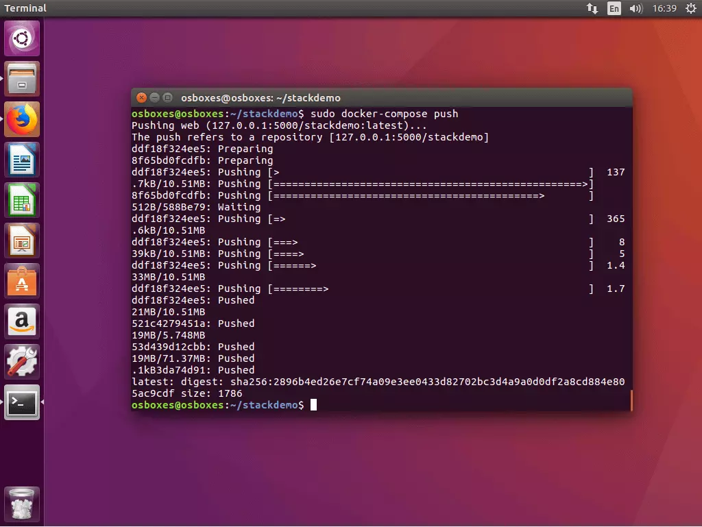 Image: La commande « docker-compose push » dans le terminal Ubuntu