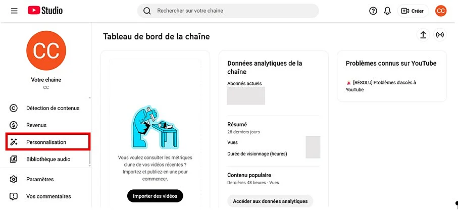 « Personnalisation » dans le YouTube Studio Image: « Personnalisation » dans le YouTube Studio