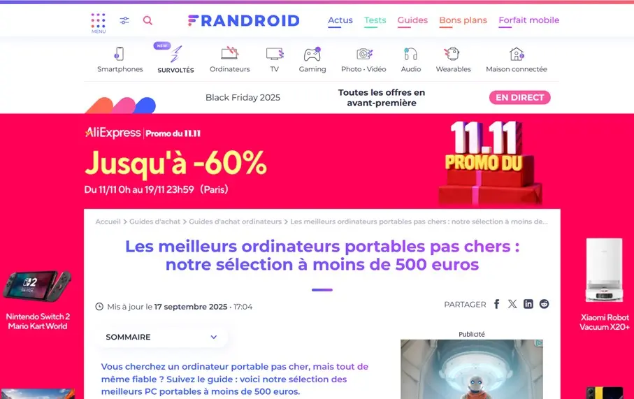 Image: Capture d&rsquo;&eacute;cran de la landing page de Frandroid