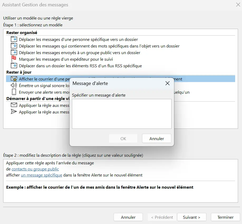 Image: Assistant de règles Outlook : boîte de dialogue « Texte de notification »