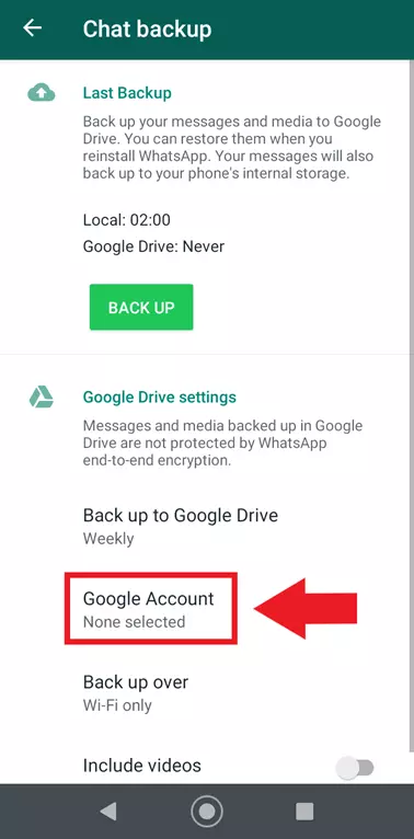 Image: Menu de sauvegarde des discussions WhatsApp avec les paramètres du « Compte Google »