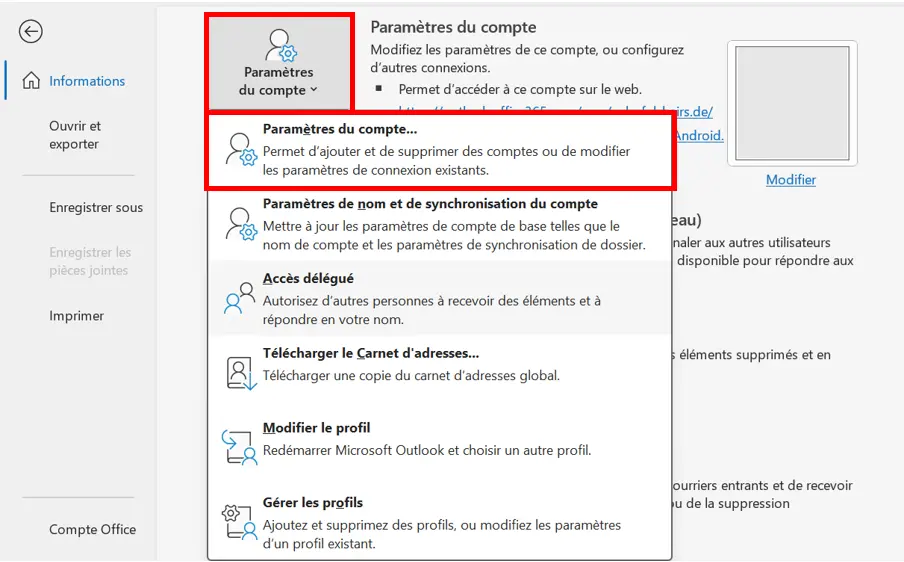 Changer l’expéditeur dans Outlook : paramètres du compte Image: Changer l’expéditeur dans Outlook : paramètres du compte