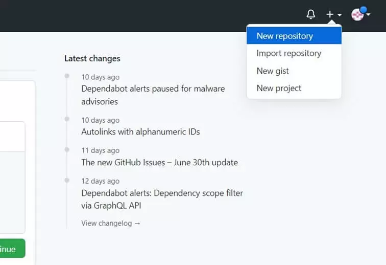 Image: Copie d’écran de l’icône plus du menu de GitHub