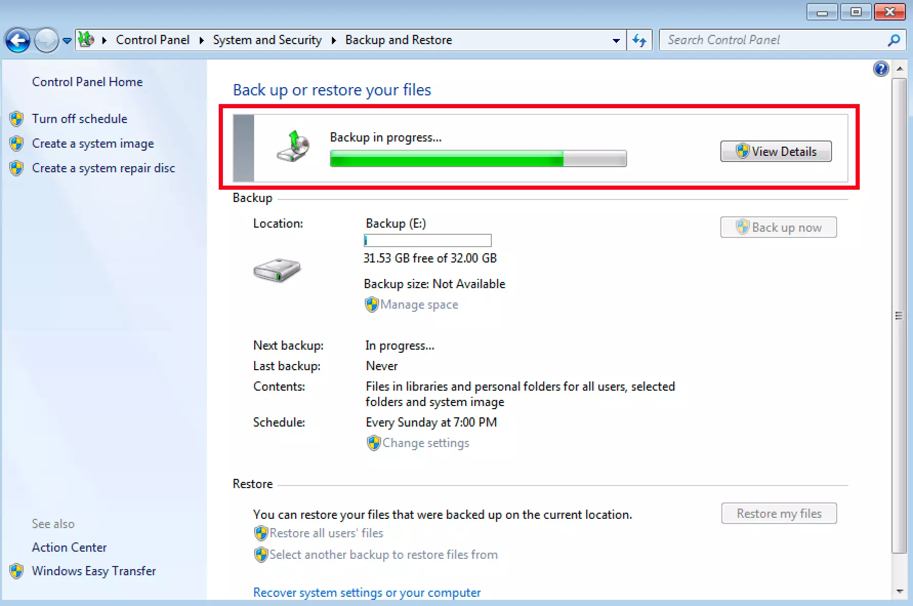 Image: Affichage de l’avancement du backup