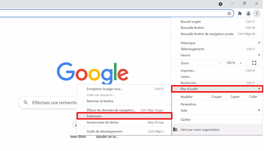 Image: Élément de menu « Extensions » dans le menu rapide de Chrome