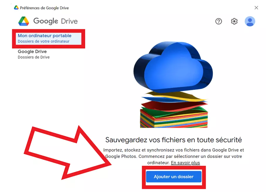 Image: Allez à « Mon Ordinateur portable » puis « Ajouter un dossier » pour sélectionner des fichiers locaux que vous souhaitez sauvegarder