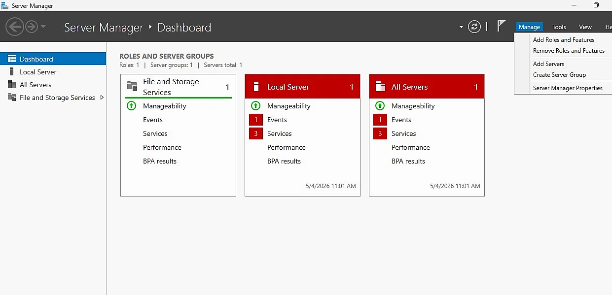 Tableau de bord du Gestionnaire de serveur Image: Tableau de bord du Gestionnaire de serveur