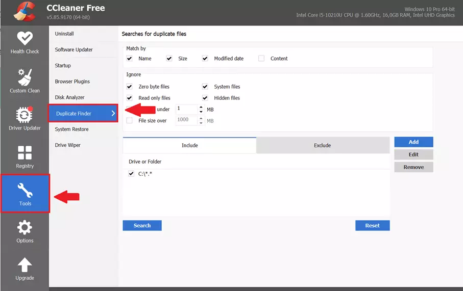 Image: Cliquez sur « Outils » et « Recherche de fichiers » pour paramétrer les options de la recherche de doublons