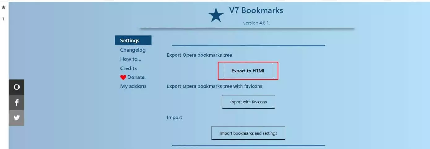 Image: Menu Paramètres de l’extension V7 Bookmarks pour Opéra