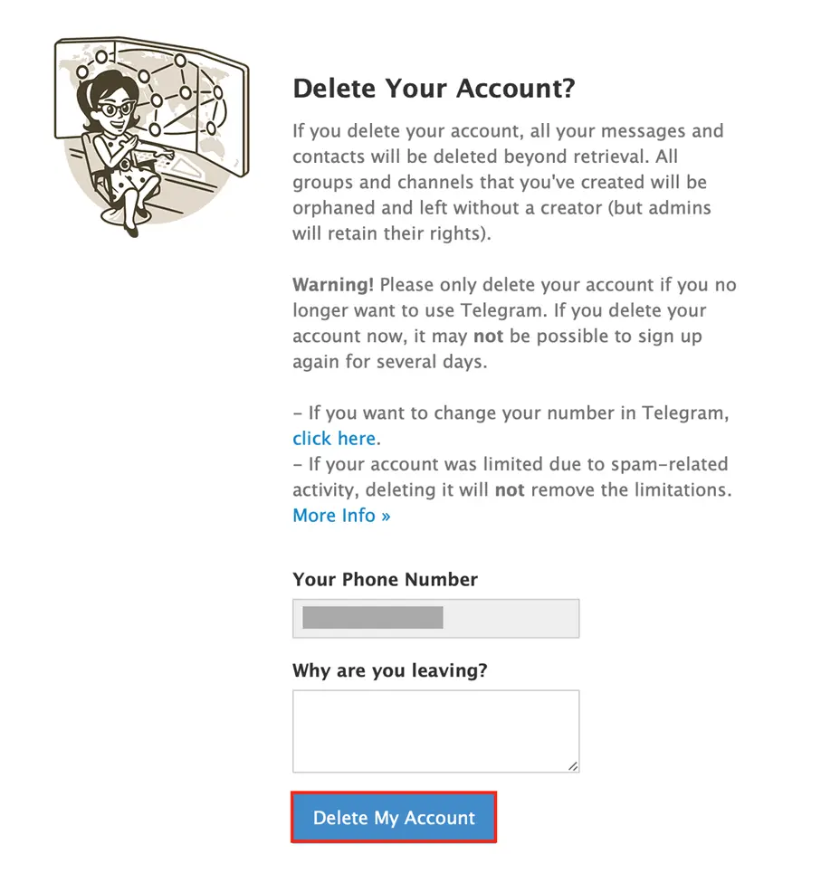 Image: Page Web pour supprimer votre compte Telegram
