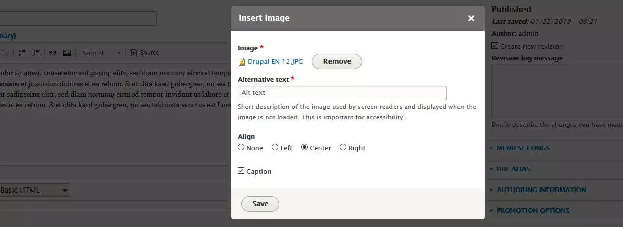 Menu d’insertion d’images de Drupal