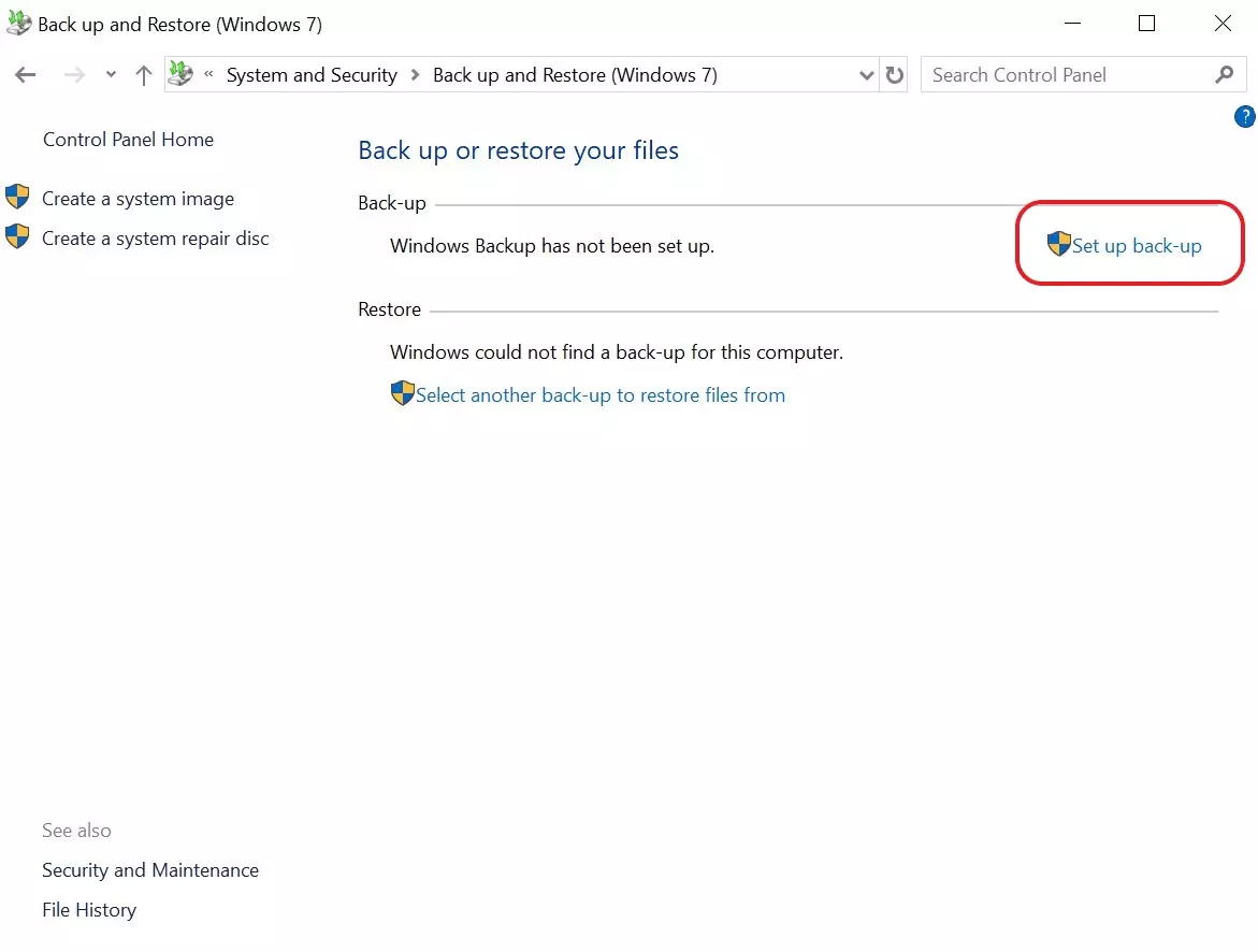 Image: « Configurer la sauvegarde » dans les options du backup