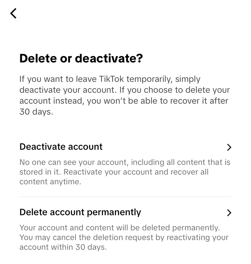 Page TikTok de suppression ou désactivation du compte Image: Page TikTok de suppression ou désactivation du compte