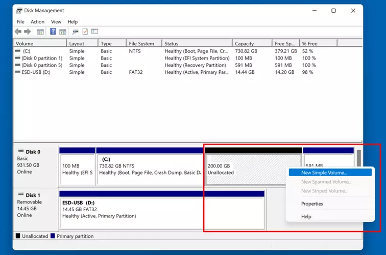 Image: Gestion des disques Windows 11 : espace non alloué