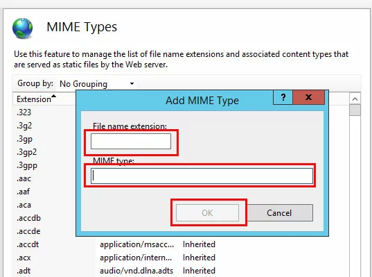 Gestionnaire IIS : fenêtre ajouter le type MIME Gestionnaire IIS : fenêtre ajouter le type MIME
