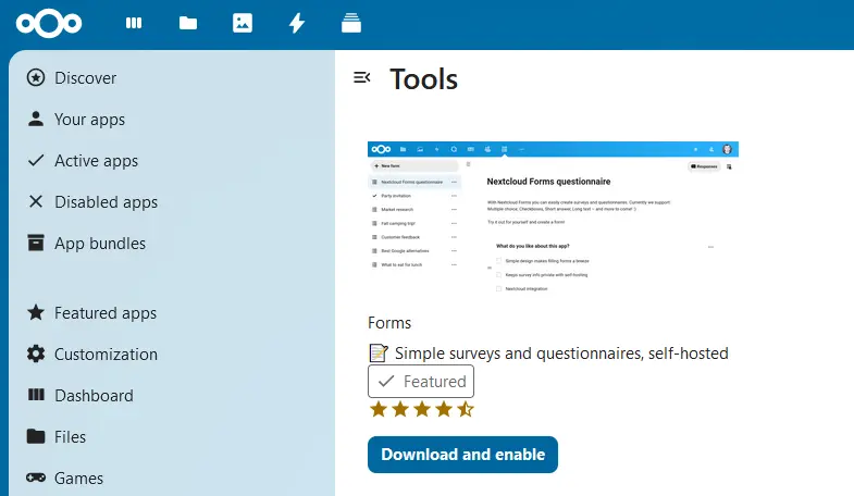 Installation de l’application Nextcloud Forms Image: Installation de l’application Nextcloud Forms
