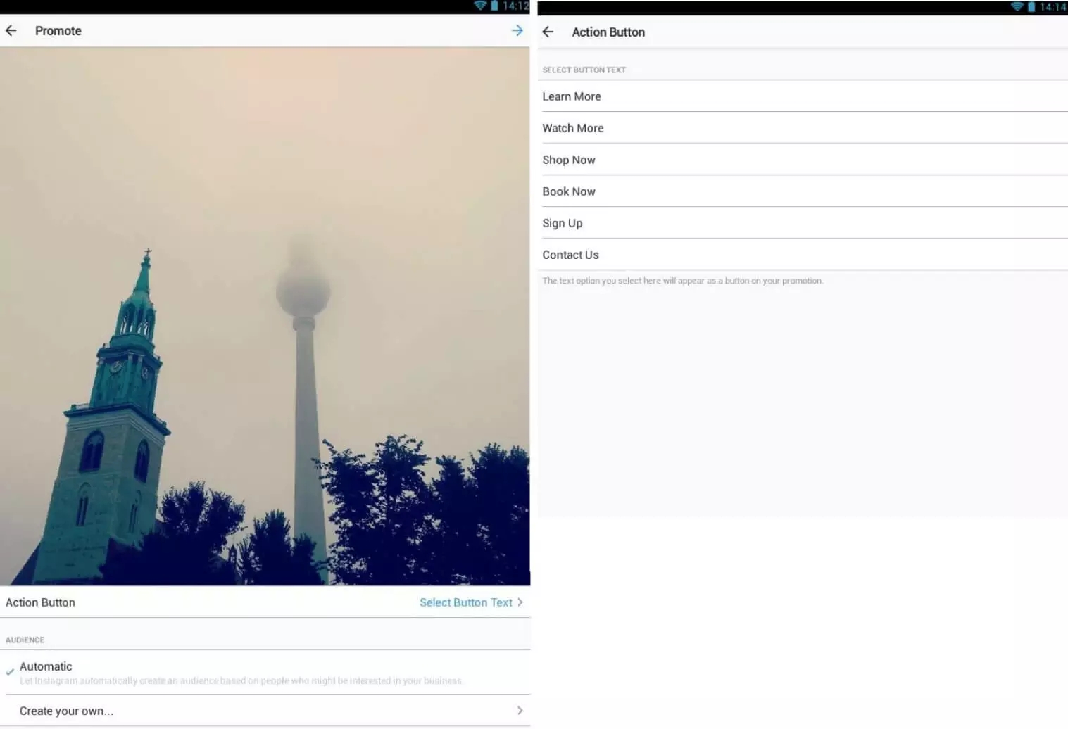 Réglage du bouton CTA pour les publicités sur Instagram