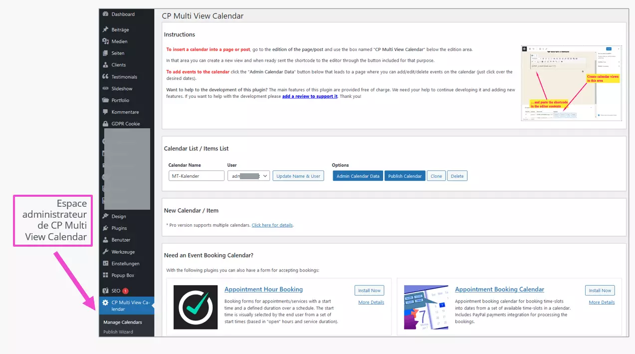 L’espace administrateur de l’agenda WordPress CP Multi View Calendar