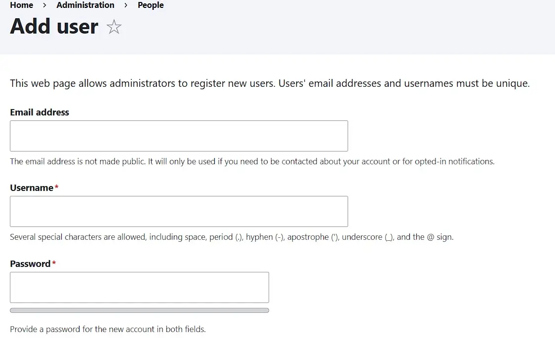 Image: Menu Drupal pour cr&eacute;er un nouveau compte utilisateur