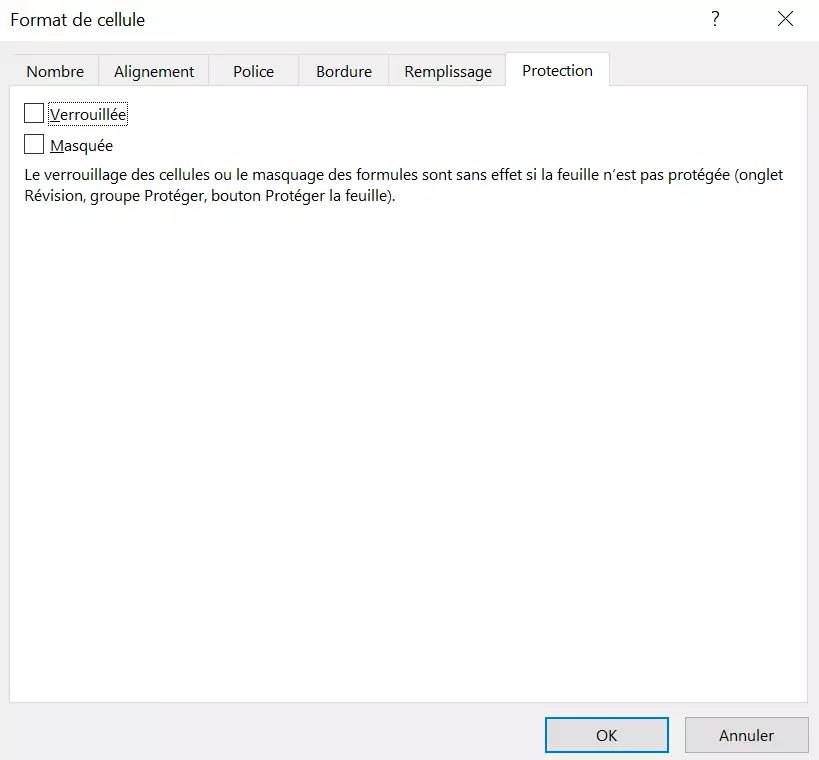 Image: Illustration de la boîte de dialogue « Format de cellule », onglet « Protection »