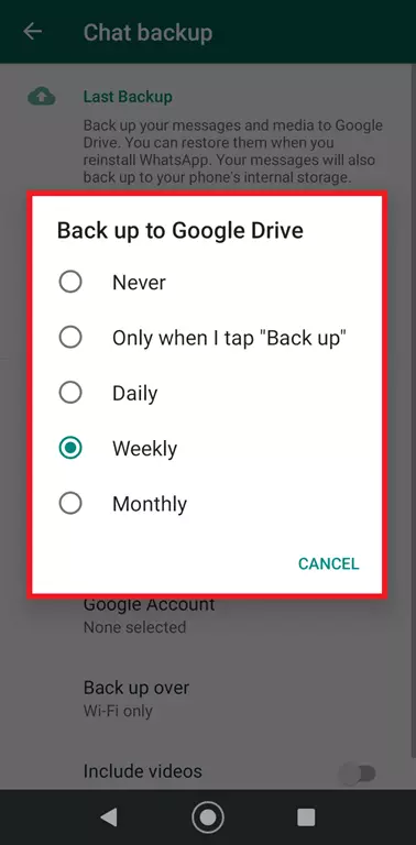 Image: Menu de sauvegarde des discussions WhatsApp pour Google Drive