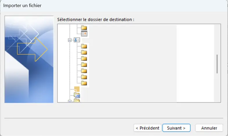 Assistant d’importation/exportation dans Outlook 365 : sélection du dossier de destination de l’importation Image: Assistant d’importation/exportation dans Outlook 365 : sélection du dossier de destination de l’importation