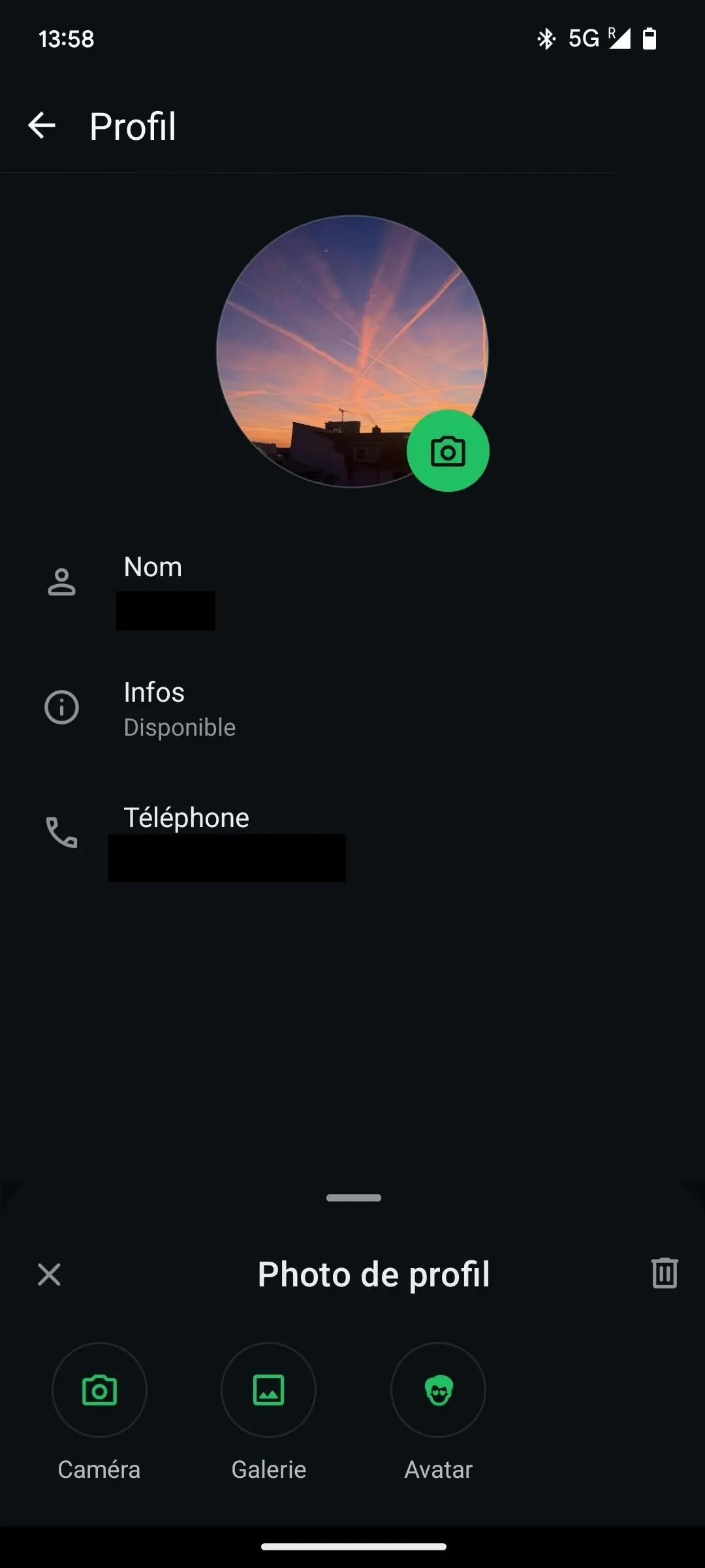 Image: Capture d&rsquo;&eacute;cran des param&egrave;tres WhatsApp &laquo; Modifier la photo de profil &raquo; sur Android