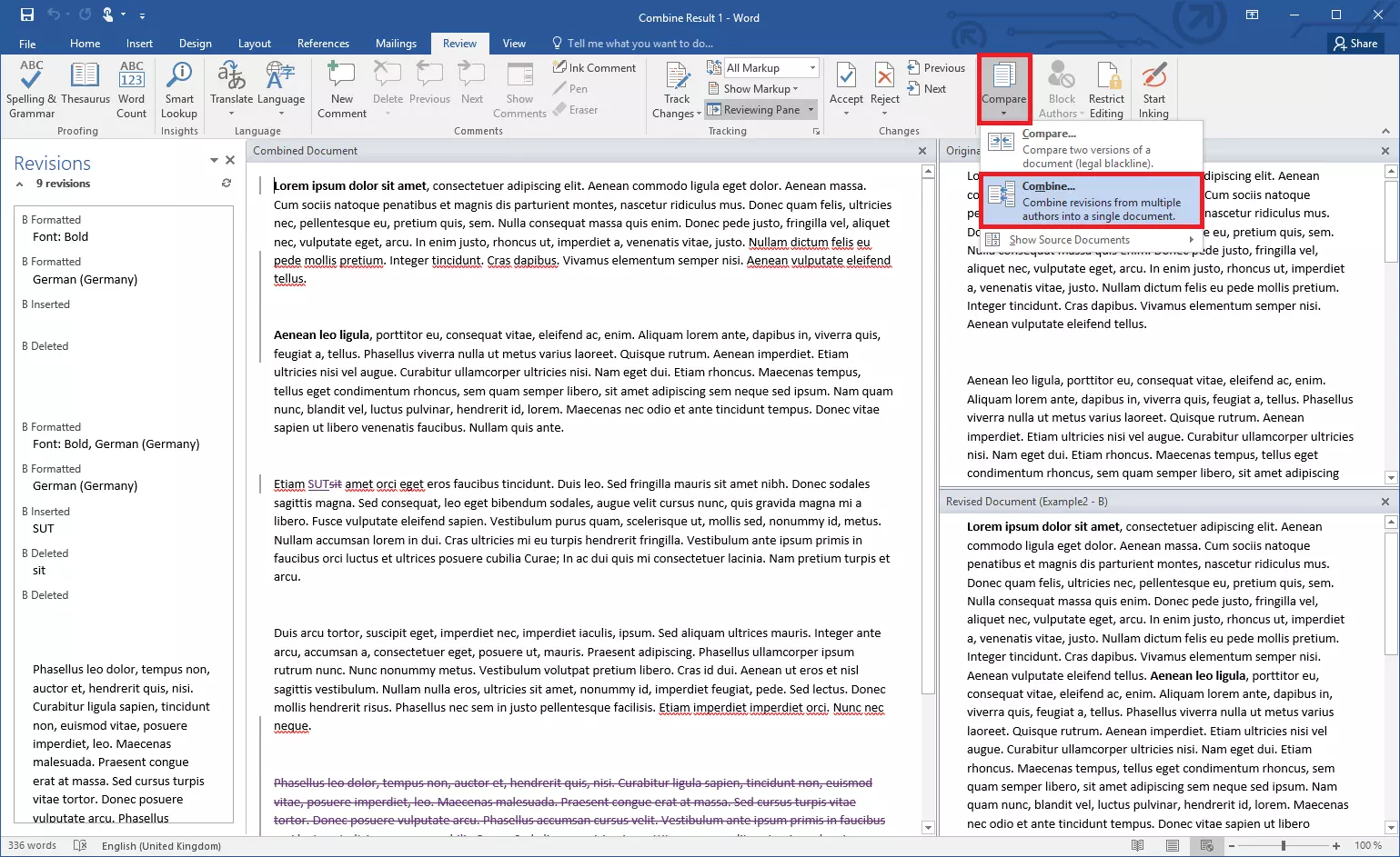 Image: Fenêtre du logiciel permettant de comparer et de combiner les documents Word