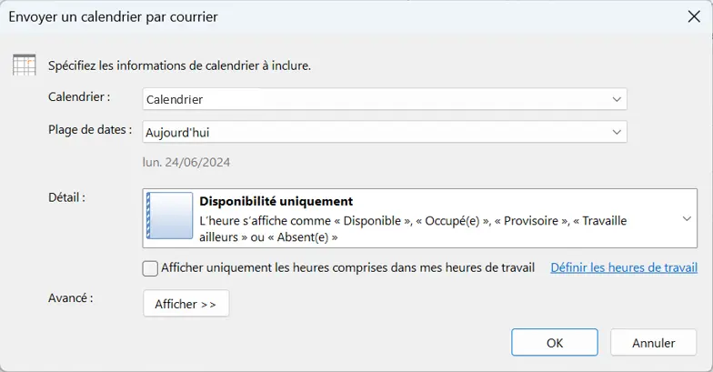 Image: Outlook : boîte de dialogue « Envoyer le calendrier par courrier »