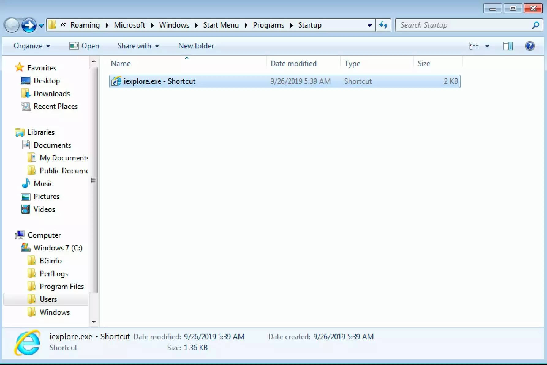 Image: Dossier démarrage Windows 7 avec lien vers Internet Explorer