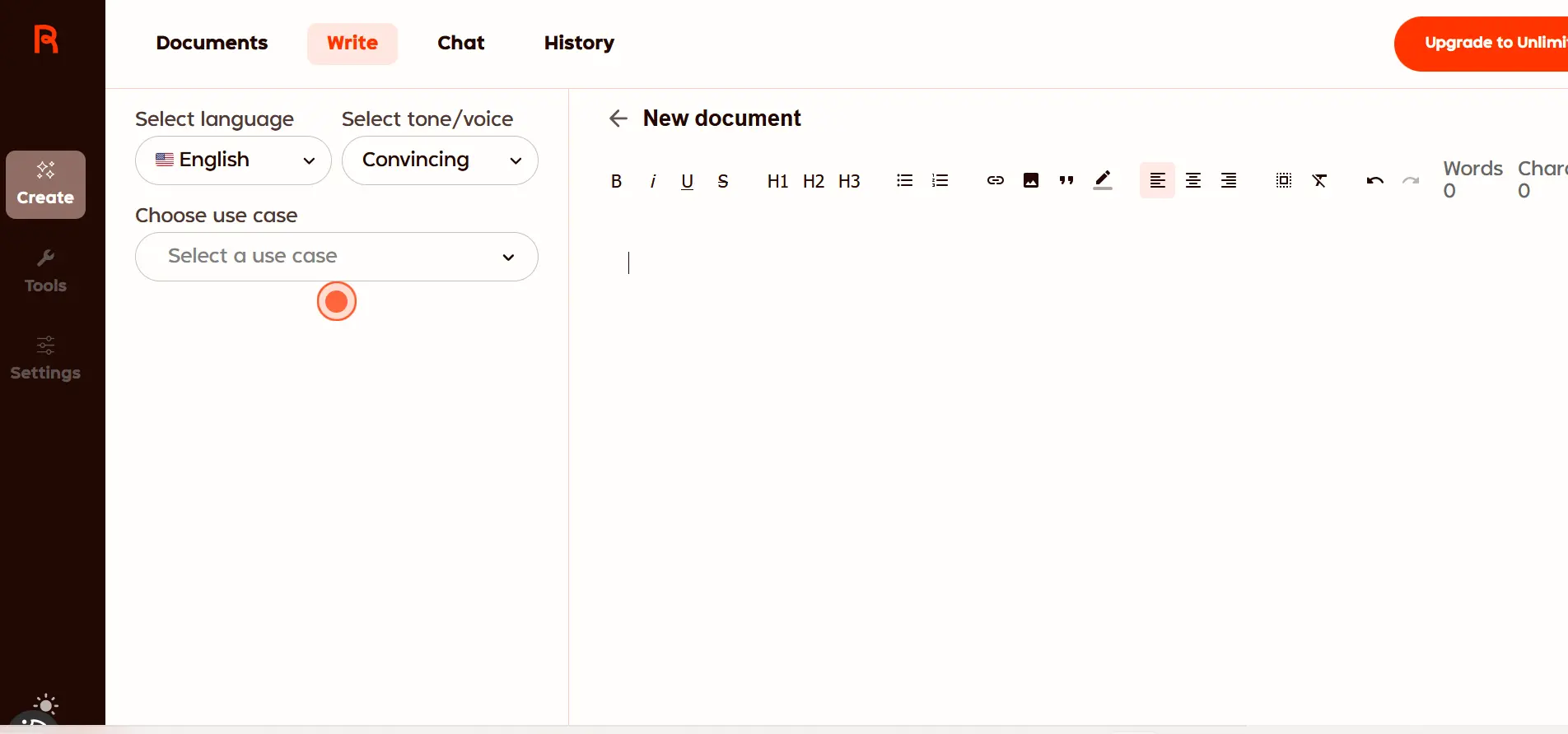Image: Capture d’écran de la plateforme de Rytr